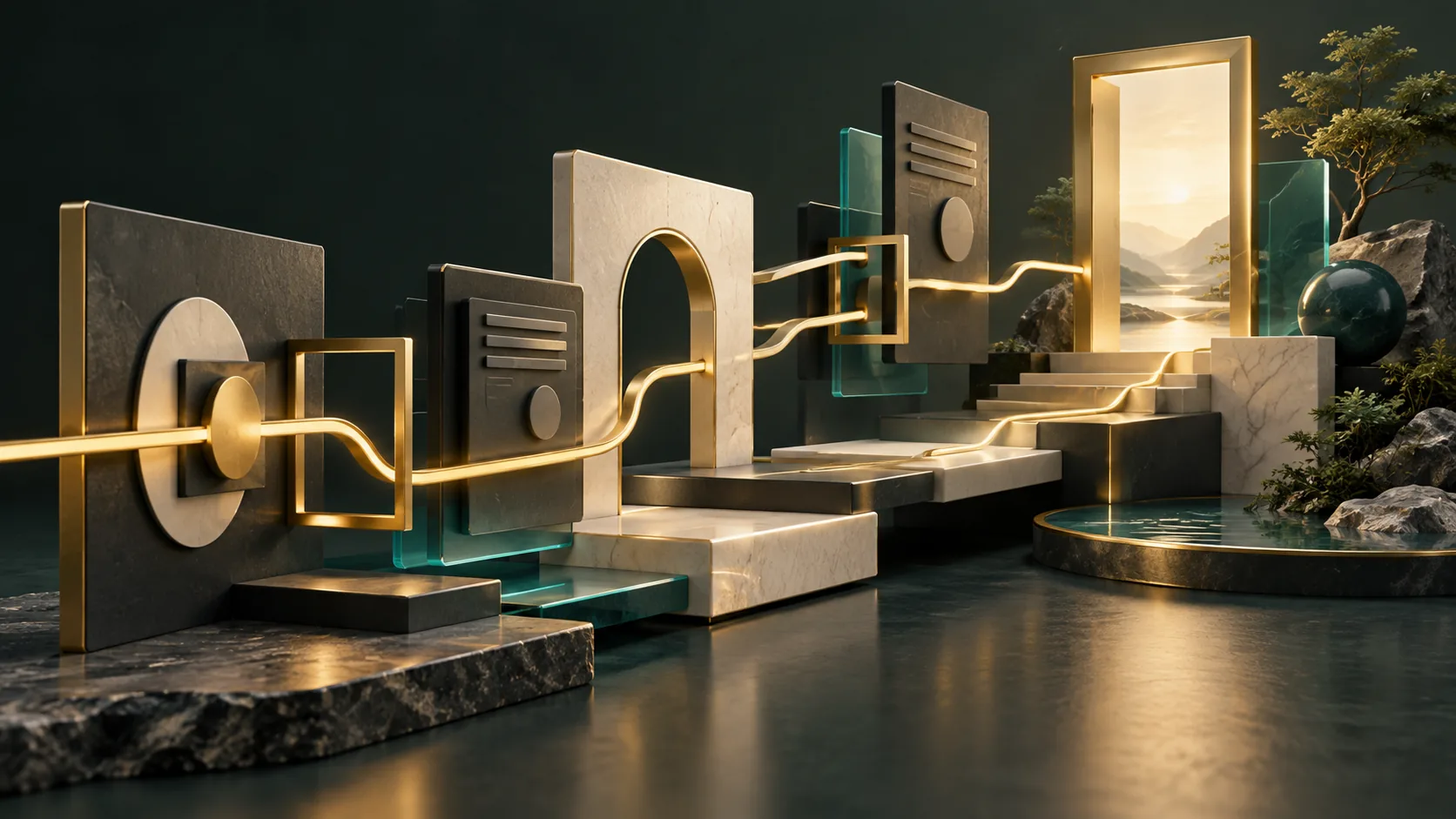 Abstract gold pathways connect open architectural frames and layered surfaces.